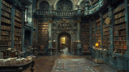 Obraz premium A library with many books on wooden bookshelves
