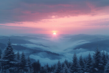 Fototapeta na wymiar A beautiful mountain range with a sun setting in the background. The sky is a mix of pink and blue hues, creating a serene and peaceful atmosphere. The mountains are covered in snow