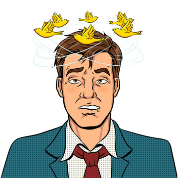 Birds fly over the head of a drunk man pop art retro PNG illustration. Isolated image on white background. Bad feeling metaphor. Comic book style imitation.