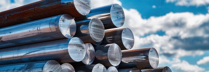A stack of aluminum rods against a blue sky with white cloud background