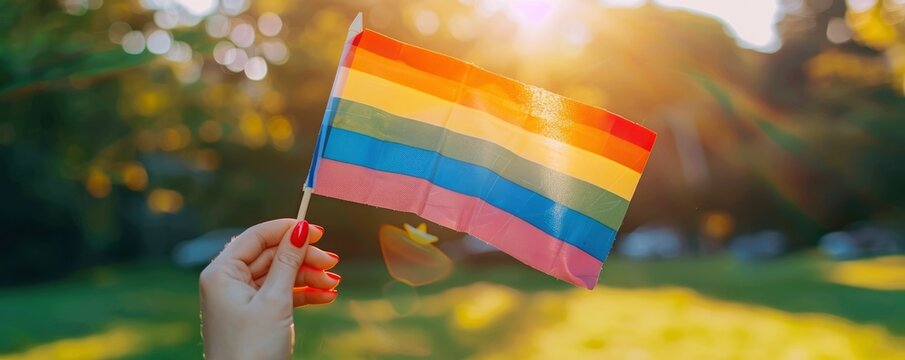 A woman holds the rainbow flag in her hand, outdoors, against green grass and trees, with a blurred background, in a closeup shot of hands holding an LGBT pride symbol, blurred background.
