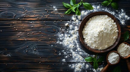 Baking class or recipe theme on dark background, scattered wheat flour with space for text. Baking preparation, overhead view on wooden surface. Making dough or pastry 