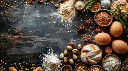 Baking class or recipe theme on dark background, scattered wheat flour with space for text. Baking preparation, overhead view on wooden surface. Making dough or pastry 