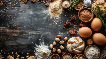 Baking class or recipe theme on dark background, scattered wheat flour with space for text. Baking preparation, overhead view on wooden surface. Making dough or pastry  - Powered by Adobe