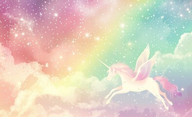 Obraz na płótnie Canvas Pegasus flying in the sky with a rainbow background in pastel colors with a glitter effect, glowing stars and clouds in pink, purple, blue, green and yellow and white