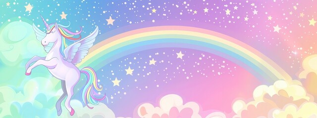 Pegasus flying in the sky with a rainbow background in pastel colors with a glitter effect, glowing stars and clouds in pink, purple, blue, green and yellow and white