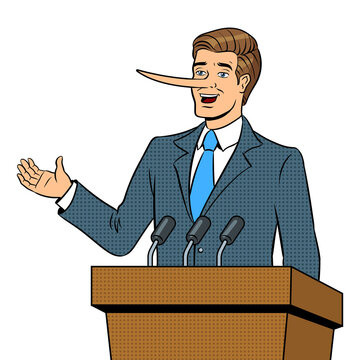 Politician with long nose lies man pop art retro PNG illustration. Isolated image on white background. Comic book style imitation.