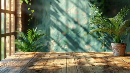 A wooden table set against a sunny window casts leaf shadows on the wall, with a blurred indoor green plant in the foreground. This serves as a panoramic banner mockup - obrazy, fototapety, plakaty