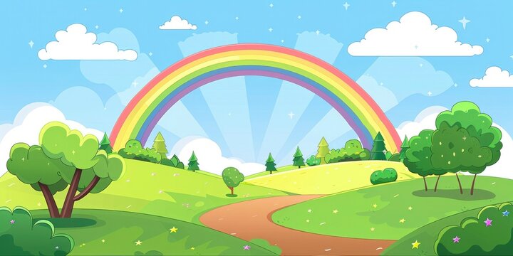 illustration of a cartoon rainbow over green hills with trees and a road, with a simple background