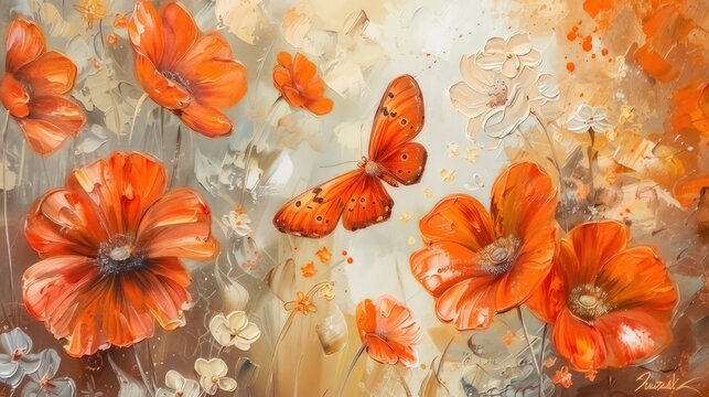 Spring flowers and a butterfly painted with oil paints on canvas
