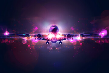 Airplane with futuristic technology. Colorful lights neon background.