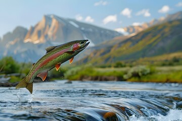 Leaping Rainbow Trout Amid Majestic Mountain Landscape and Flowing River