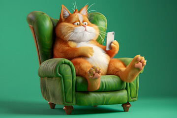 Cute cat relaxing at armchair and use smartphone over green background.