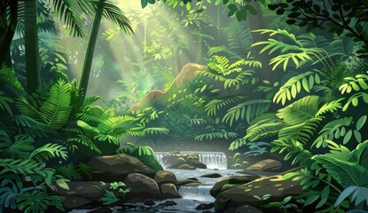 Digital illustration of a serene rainforest landscape with lush greenery, sunbeams, and a cascading waterfall. - obrazy, fototapety, plakaty