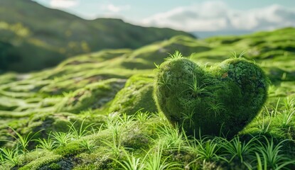 A heart-shaped stone blanketed with vibrant green moss rests in a serene, sunlit landscape, symbolizing love for nature.