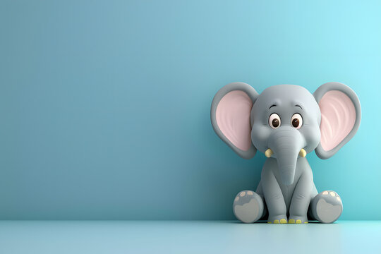 Cute 3D cartoon funny baby elephant on background with Space for text.