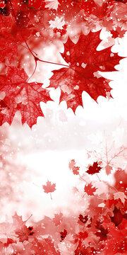 A red and white poster of a maple leaf with a forest background. The poster is titled "Canada"
