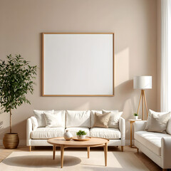 Living room wall art mockup, beige wall, horizontal, light wood frame