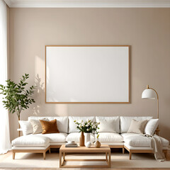 Living room wall art mockup, beige wall, wide horizontal, light wood frame, brown