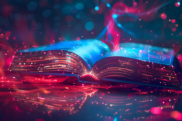 Open book with futuristic technology. Colorful lights neon background.