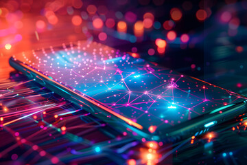 Fototapeta na wymiar Smartphone with futuristic network connection technology big data. Blue neon background.
