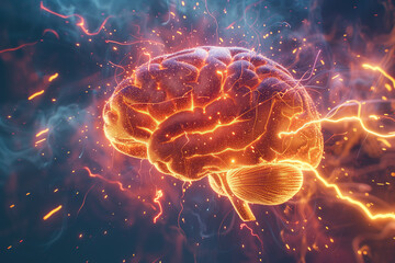 illustration of the human brain with electric sparks and lightning bolts, creating an atmosphere of innovation and creativity