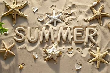 Sand at beach background for summer with text "SUMMER"
