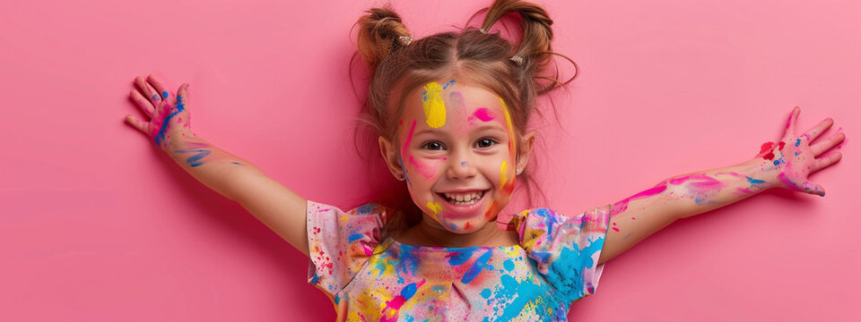 beautiful girl with painted face on a pink background