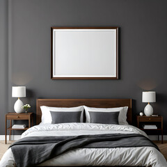 Wall art mockup, bedroom, dark gray wall, dark wood frame