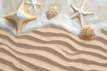 Fototapeta na wymiar Seashells and starfish on the sand at beach. Summer background.