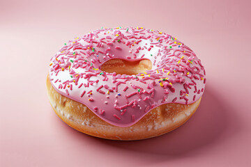 pink donut with sprinkles on it, with a simple background