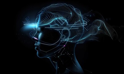 person head with futuristic scanning headset, brain waves scan, mindset and consciousness concept - obrazy, fototapety, plakaty