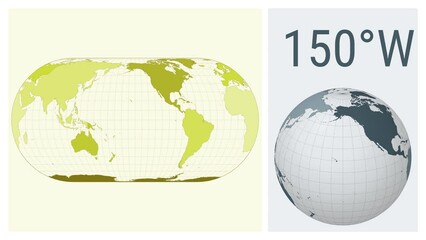 World Map Animation. Eckert IV projection. Colored continents style. Animated world map in Eckert IV projection. Loopable animation showing longitude shift and matching globe.