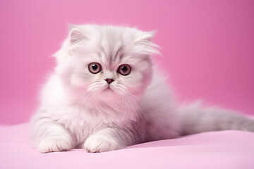 A cute grey and white cat is sitting on a pink surface. The cat has a curious expression on its face, and its eyes are wide open. The pink background adds a touch of color and warmth to the scene