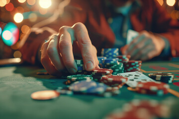 Poker player's hands close up on the table with chips and cards - obrazy, fototapety, plakaty