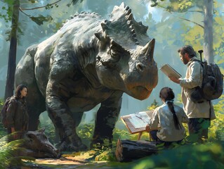 A group of people are sitting in a forest and looking at a large rhino. The rhino is surrounded by trees and has a book in its mouth