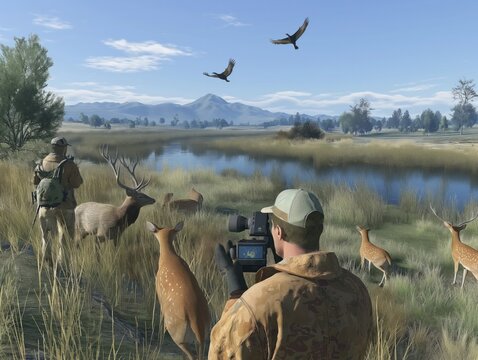 A man is taking pictures of deer in a field. The man is wearing a brown jacket and a hat. The deer are scattered throughout the field, with some closer to the camera and others further away