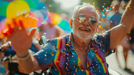 Happy senior man in wheelchair celebrating gay pride parade in crowd. Mature male wearing rainbow shirt. Summer street party blue sky people & colourful balloons. Pride month LGBTQ+ inclusion concept  - Powered by Adobe