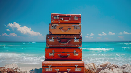 stack of vintage suitcases on the beach, with clear blue sea and sky in background