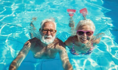happy senior couple in swimming pool at sunny day, old man and woman bathing in water and have fun, vacation and active lifestyle concept