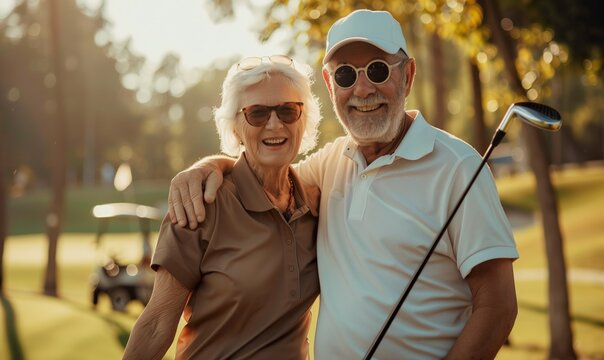 portrait of happy senior couple at golf club at summer, old retired man and woman playing golf and looking at camera