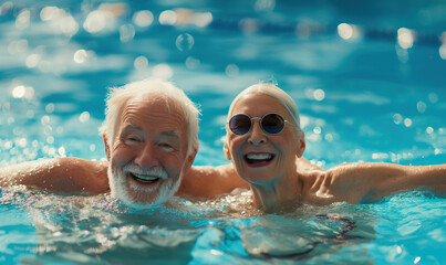 happy senior couple in swimming pool at sunny day, old man and woman bathing in water and have fun, vacation and active lifestyle concept
