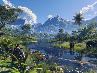 A lush green jungle with a river running through it. A man is standing on the river bank with a gun