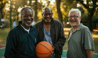 happy active senior people playing basketball outdoors at summer, cheerful african american men friends play game and do sport, retired people and physical activity concept