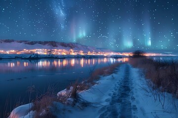 Enchanting Aurora Borealis over Serene Reykjavik Waters. Concept Aurora Borealis, Reykjavik, Northern Lights, Serene Waters, Iceland - obrazy, fototapety, plakaty