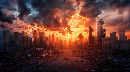 world after the apocalypse, destroyed city with skyscrapers, dark clouds and sunset in background, rubble on ground