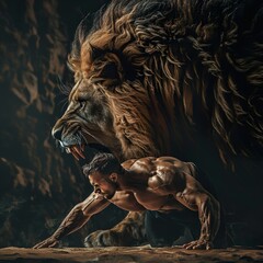Muscular Man Mimics a Majestic Lion's Pose