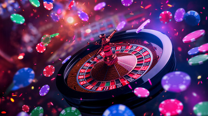 Luxury of the Casino roulette wheel with many chips flying isolation background, Illustration.	