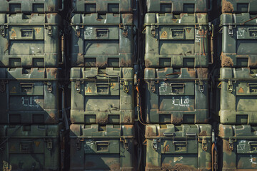 Close-up of green ammunition boxes in an orderly arrangement - obrazy, fototapety, plakaty