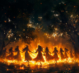 Paint art of witches dancing by the bonfire in mystery forest. AI generative - 783258345